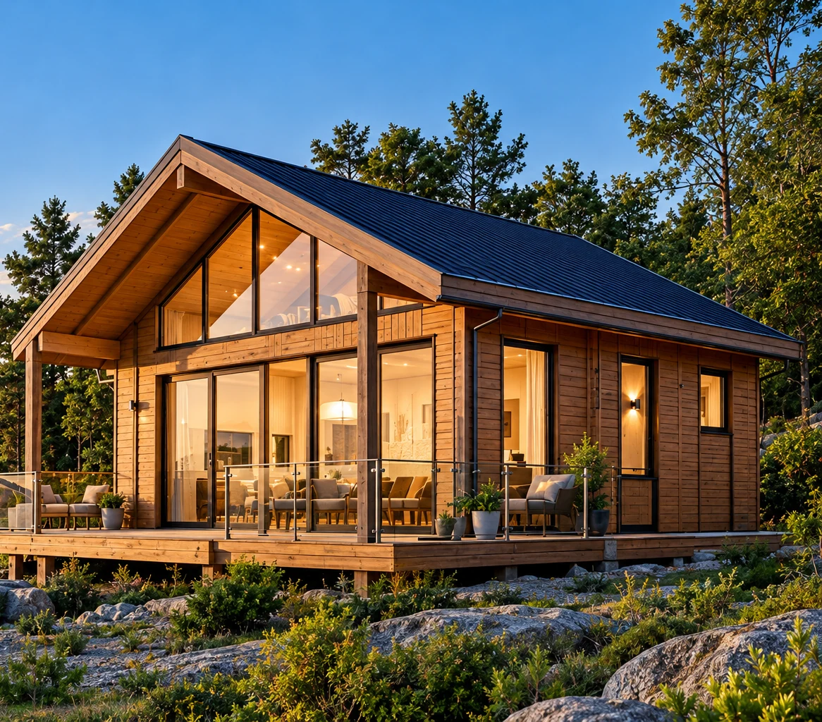 Modern wooden residence surrounded by nature